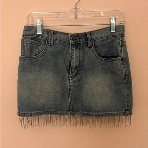 Sincerely Jules Blue Denim Mini Skirt with Fringe Chain Trim